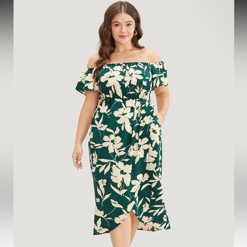 NWT Bloomchic Floral Ruffles Pleated Split Hem Pocket Off Shoulder Dress